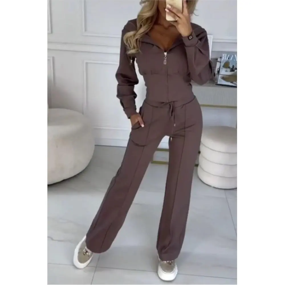 Autumn And Winter Hooded Zipper Jacket Tight Solid Color Two-piece Sets Women Fashion Casual New Wide Leg Pants 2 Piece Set