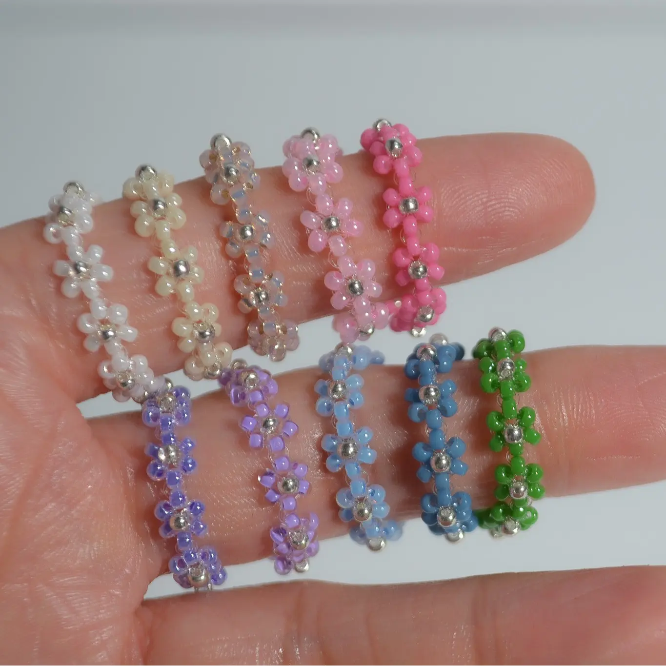 Beaded Daisy Ring, Silver, Colour options available, Sizes available, Write ring size in notes when checking out (see ring size chart for size options)