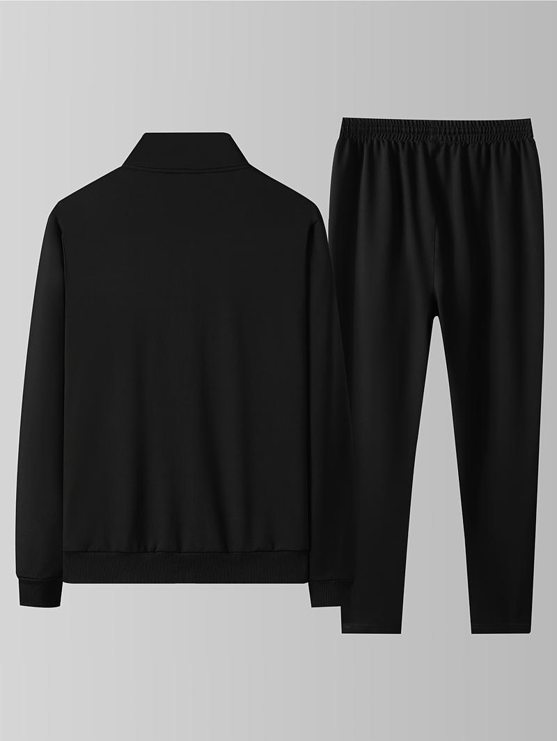 Product Introduction of Stylish Sports Outfit| Men's Athletic & Casual Tracksuit Set - Zip-Up Stand Collar Jacket with Pockets & Elastic Waist Joggers, Polyester Blend, Black - Perfect for Spring/Fall 5