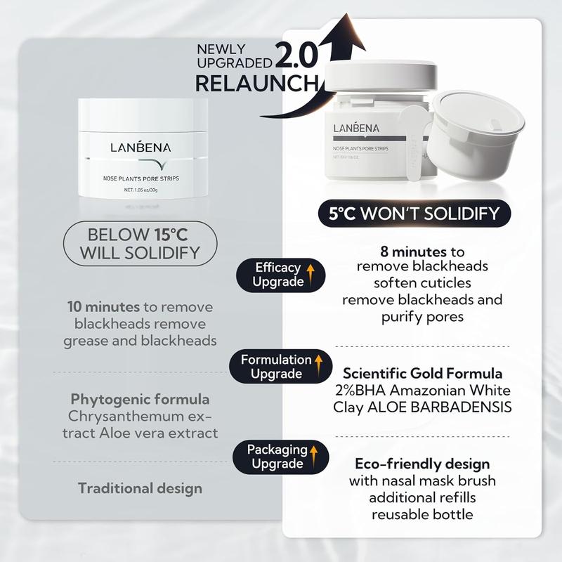 Product Introduction of LANBENA New Nose Plant Pore Strips 2.0 Upgraded Blackhead Removal Mask Cream Deep Cleansing Facial Pores 2% BHA Cleaning Easier(30g) 60 Pieces Nose Pore Strips, Note:Cream Goes Dry out/Gunk below 25 Degrees Place Bottle in Boiling Water to Clear Comfort 7