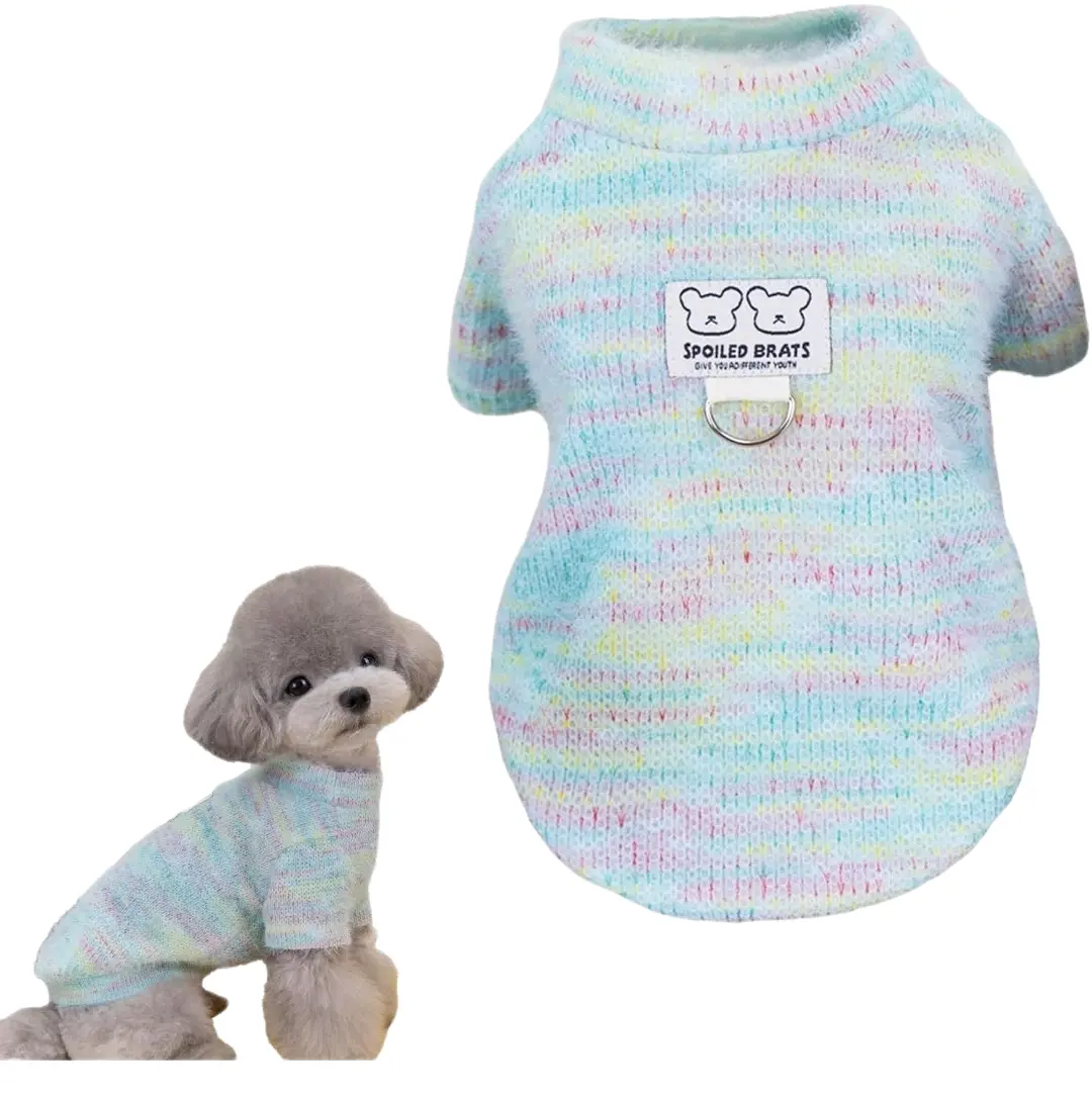 Rainbow Knit Sweater for Pets Winter Dog T-Shirt with Leash Opening - Cozy Knitted Pullover Warm Dog Jumper Turtleneck