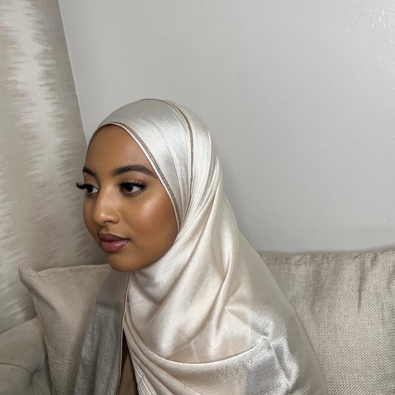Cream Double Beaded Silk Satin Hijab 1