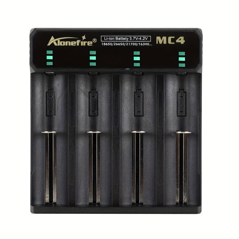 Alonefire MC4 Compact 4-Channel USB Quick Charger, 5V 2A - Matte Black, Automatic Stop for Li-ion Batteries (26650/16340/14500/21700/18650/10440) - Perfect for Flashlights, Headlamps, E-cigs with Type-C & Micro-USB Compatibility 8