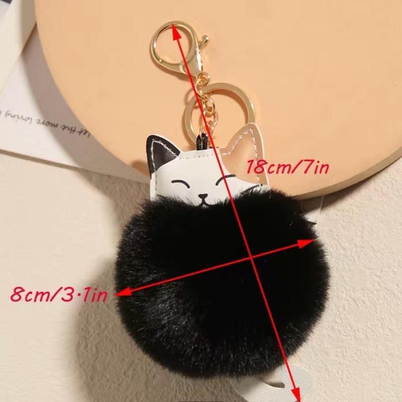 Fur Ball Lovely Smiley Cat Head Key Chain For Women's Bag Or Cellphone Or Car Pendant Cartoon Cat & Pom Pom Decor Bag Charm Key Ring 1