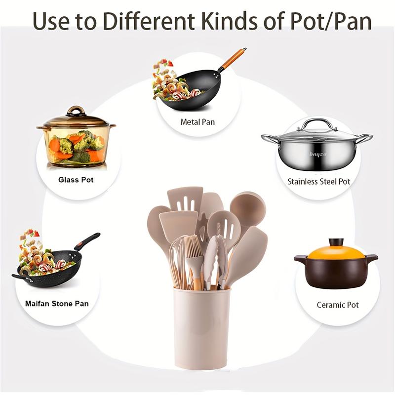 Product Introduction of 12pcs/set, Silicone Cooking Utensils Set With Wooden Handle, Colorful Non-stick Pot Special Cooking Tools Set, Heat Resistant Turner, Tongs, Spatula, Spoon, Oil Brush And Whisk, Kitchen Supplies, Kitchen Supplies, Apartment Essentisls, Halloween Gift 6