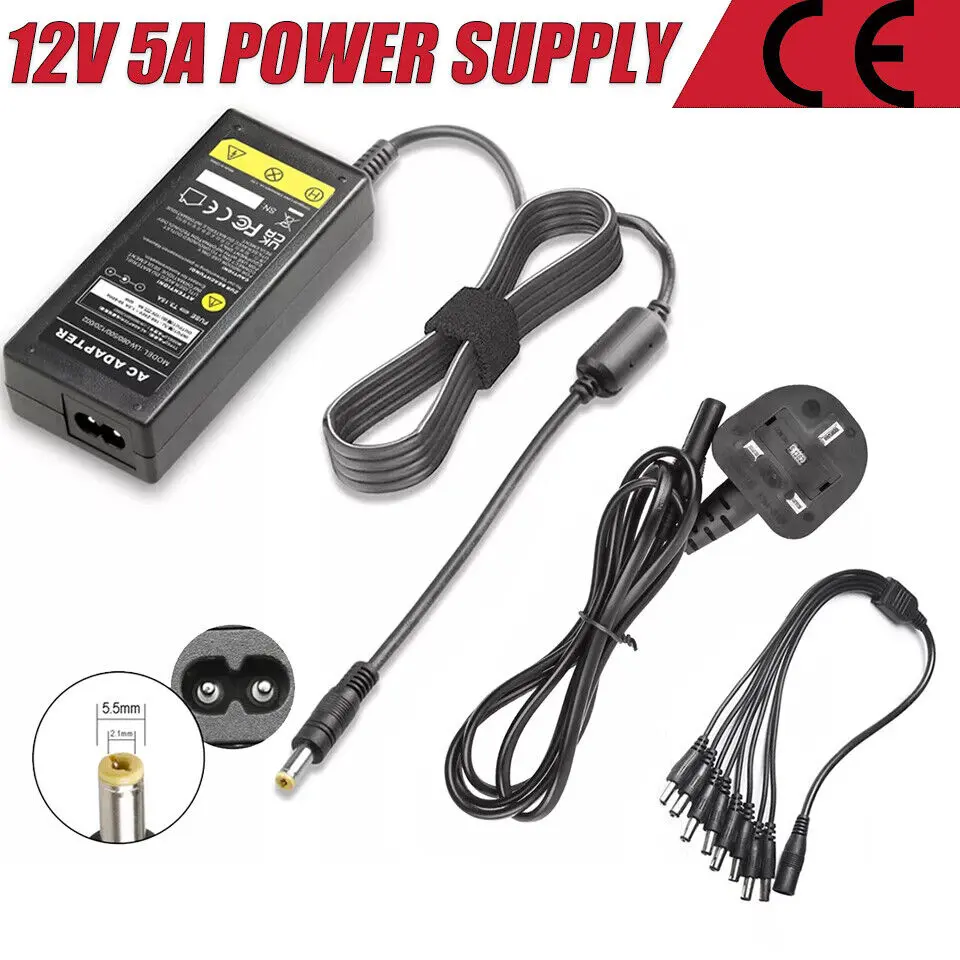 12V 5A Power Supply Adapter +8 Way Splitter Cable for DVR/CCTV Camera/LED Strip