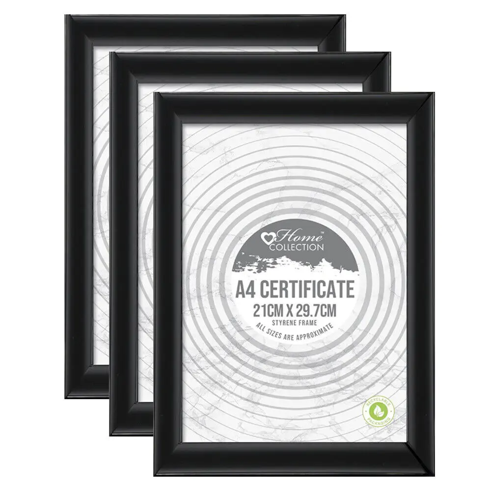 3 x A4 Certificate Black Styrene Photo Frames - Wall Mountable - Freestanding Wall-mounted Black Decor Set photoframe