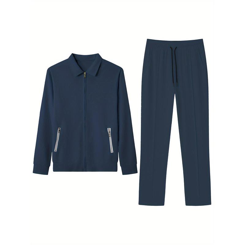 [2-Piece Breathable Comfy Outfit] Men's Casual 2-Piece Outfit, Solid Color Jacket & Drawstring Pants Set, Breathable Comfy Full Zip Jacket & Pants Set 7