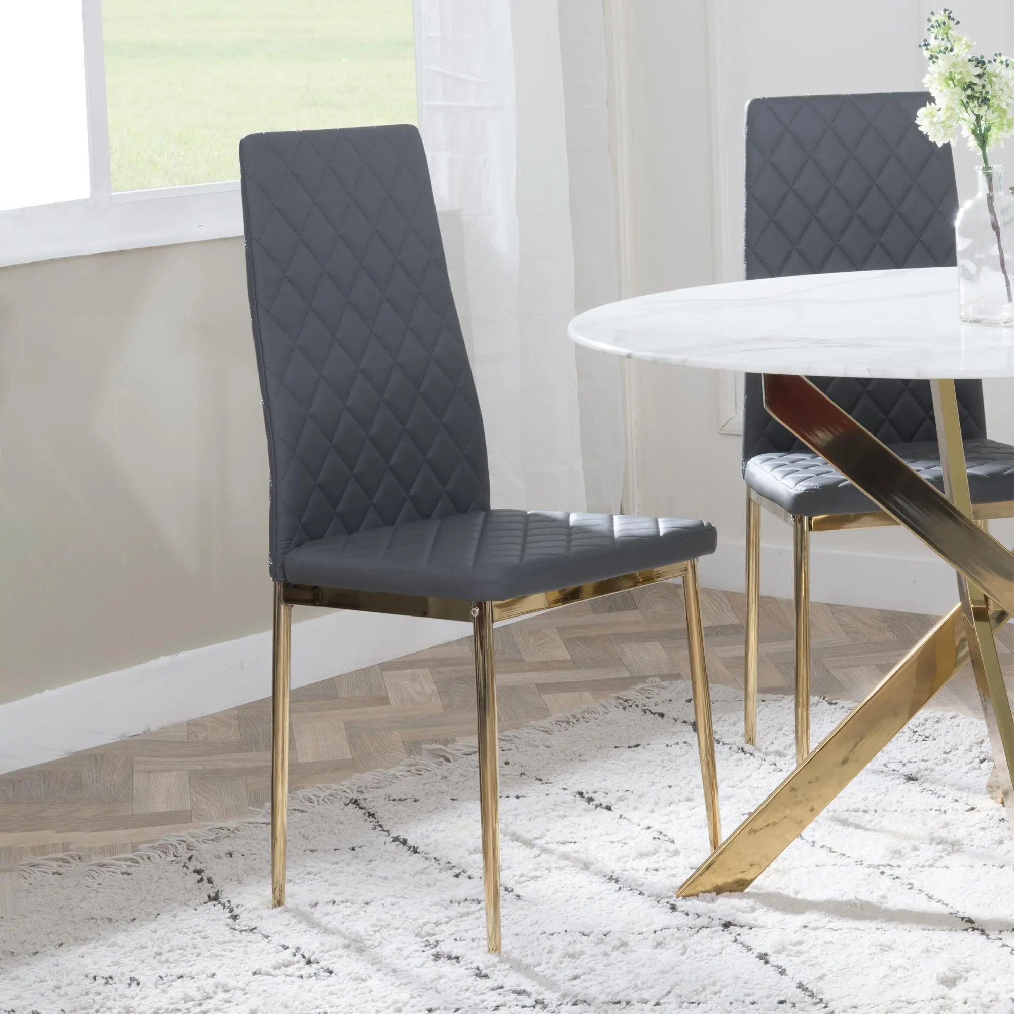 Set of 2 Metro Dining Chairs in Grey Colour Leather and Gold Metal Legs room