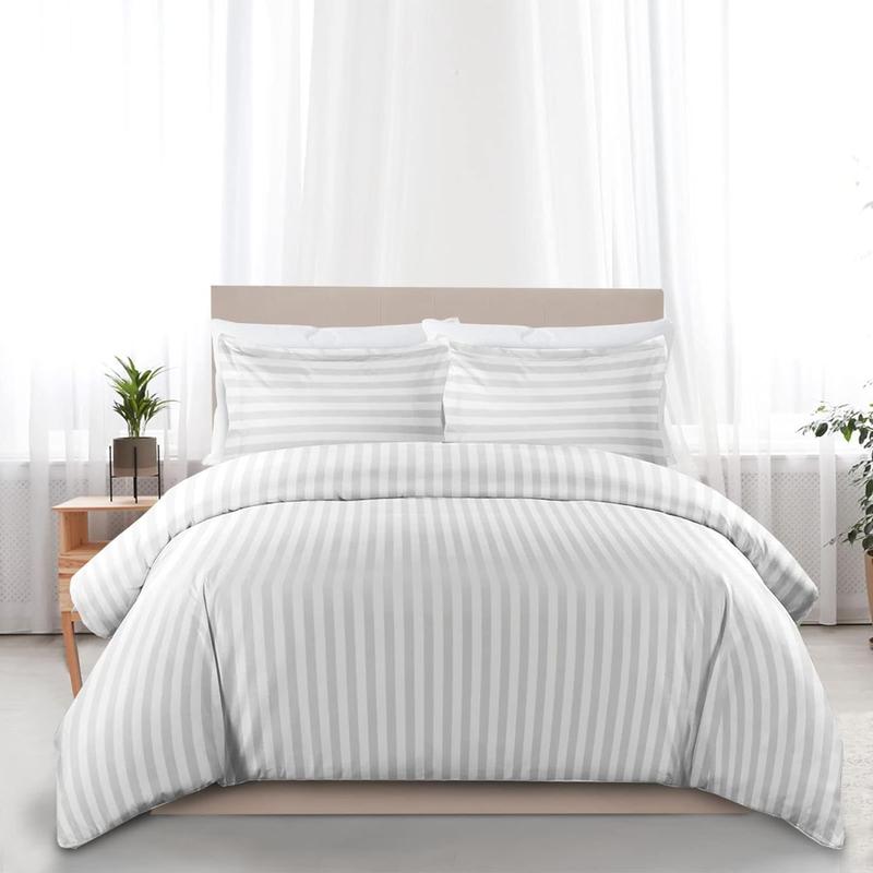 Satin Stripe Duvet Quilt Cover Bedding Set Single Double King Super-King Size W Pillowcases Microfiber Sleepdown Premium Hotel Quality Duvet Cover Set with Pillowcases Quilt Bedding Soft Easy Care Luxury Bed White Black Silver Cream Grey 4