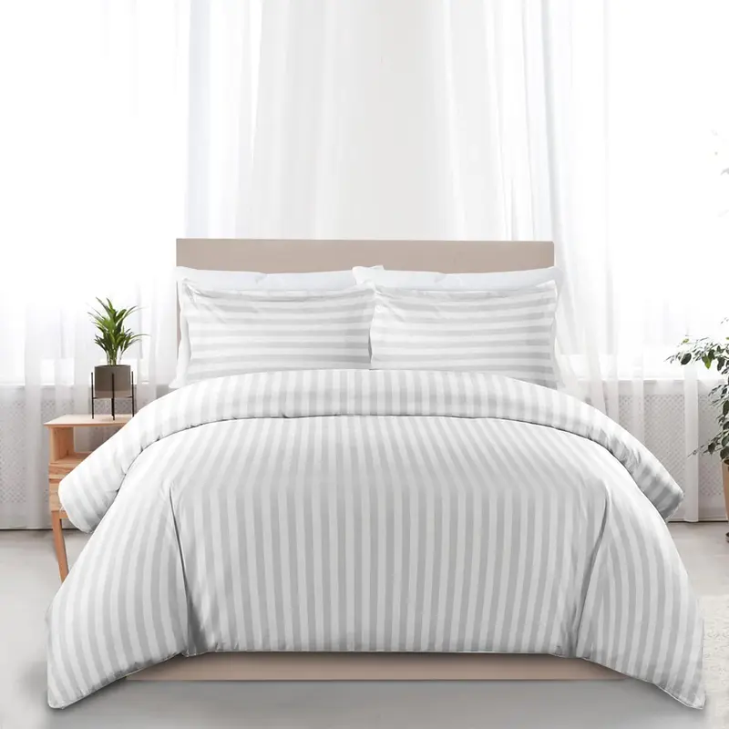 Satin Stripe Duvet Quilt Cover Bedding Set Single Double King Super-King Size W Pillowcases Microfiber Sleepdown Premium Hotel Quality Duvet Cover Set with Pillowcases Quilt Bedding Soft Easy Care Luxury Bed White Black Silver Cream Grey 4