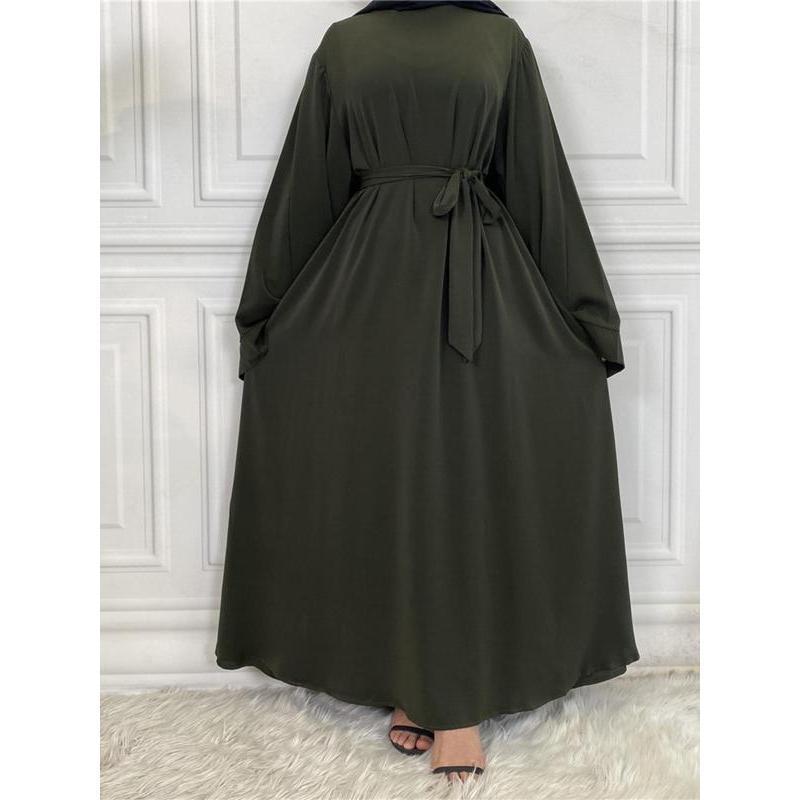 Arabic Clothing-Women's Solid Long Sleeve Round Neck Maxi Arabian Dress with Belt, Asian Suits Eid, Dresses for Women, Closed Abaya, Lady Loose Abayas, Kaftan Long Dress for Spring Summer Fall 5