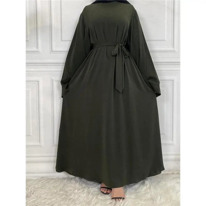 Arabic Clothing-Women's Solid Long Sleeve Round Neck Maxi Arabian Dress with Belt, Asian Suits Eid, Dresses for Women, Closed Abaya, Lady Loose Abayas, Kaftan Long Dress for Spring Summer Fall 5