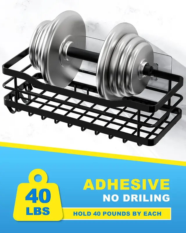Shower Caddy Shelf Storage Bathroom Organiser Shelves No Drill with Soap Holder, Black Stainless Steel Adhesive Shower Rack Accessories with 4 Hooks for Bathroom Kitchen Organization 2+1 Pack 5