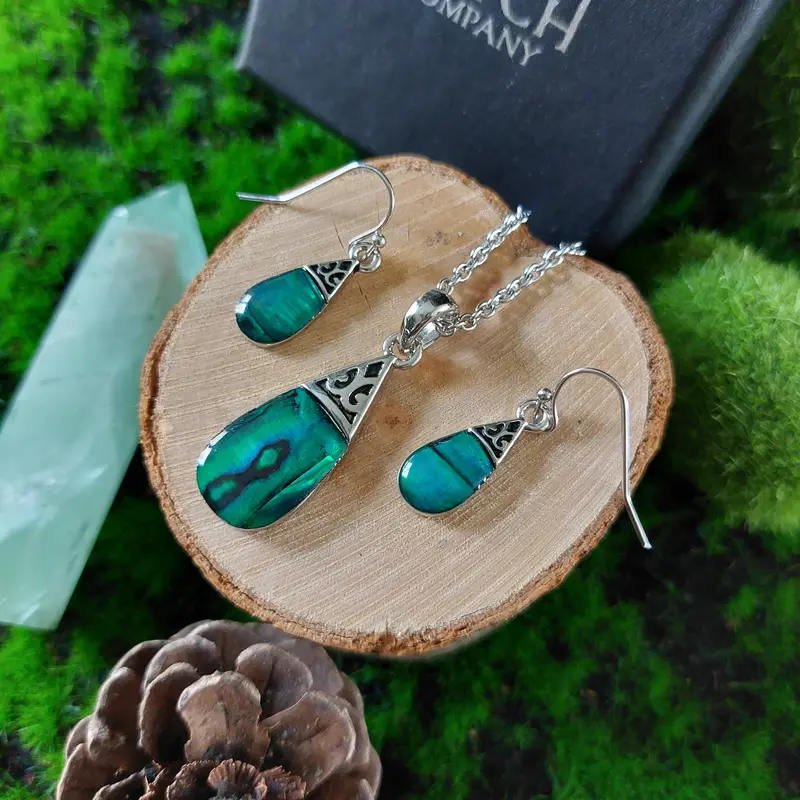 Emerald Green Abalone Shell Teardrop Earring & Pendant Set 1