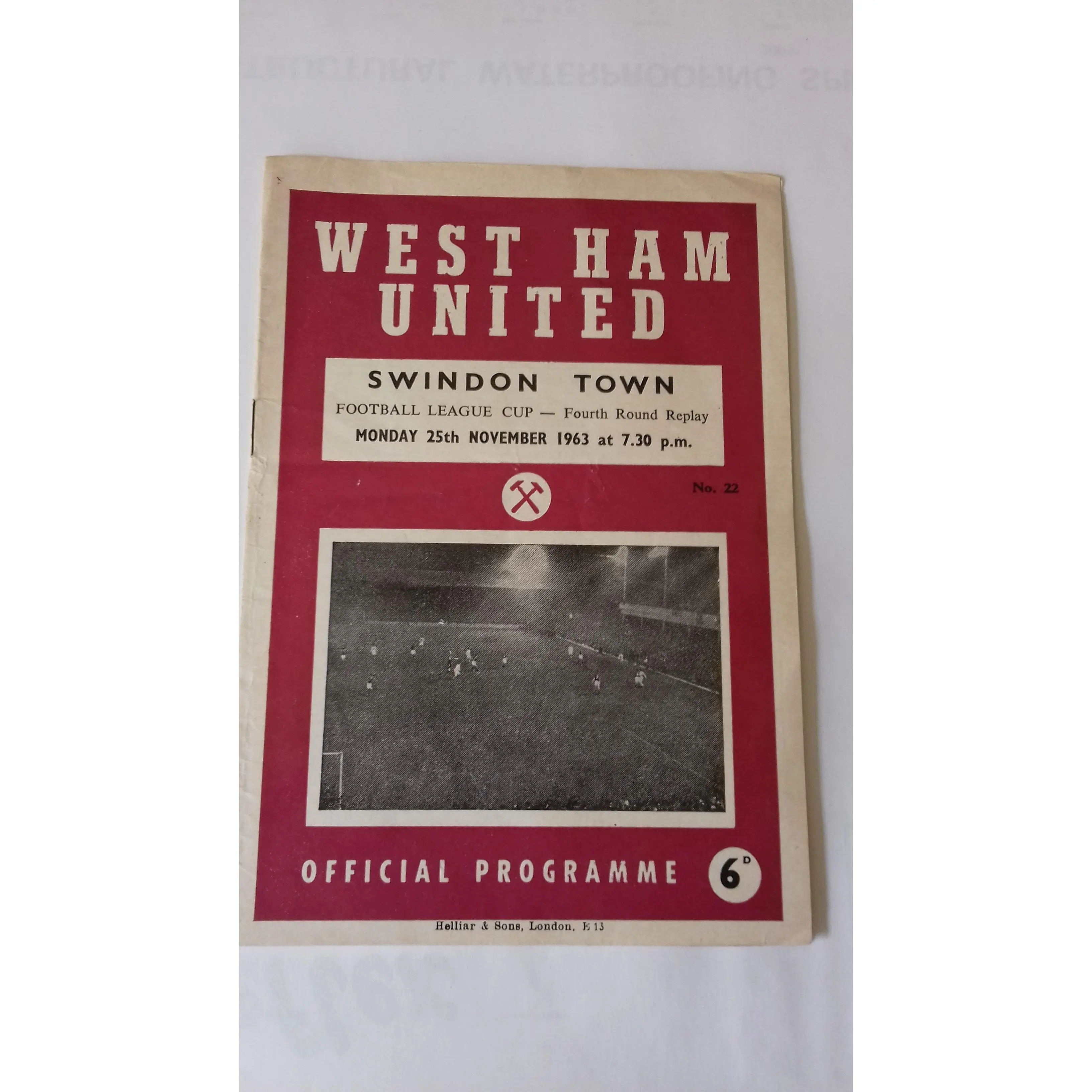 West Ham Utd v Swindon Town Programme Football League Cup 4th Round Replay Monday 25th November 1963 @ Upton Park.