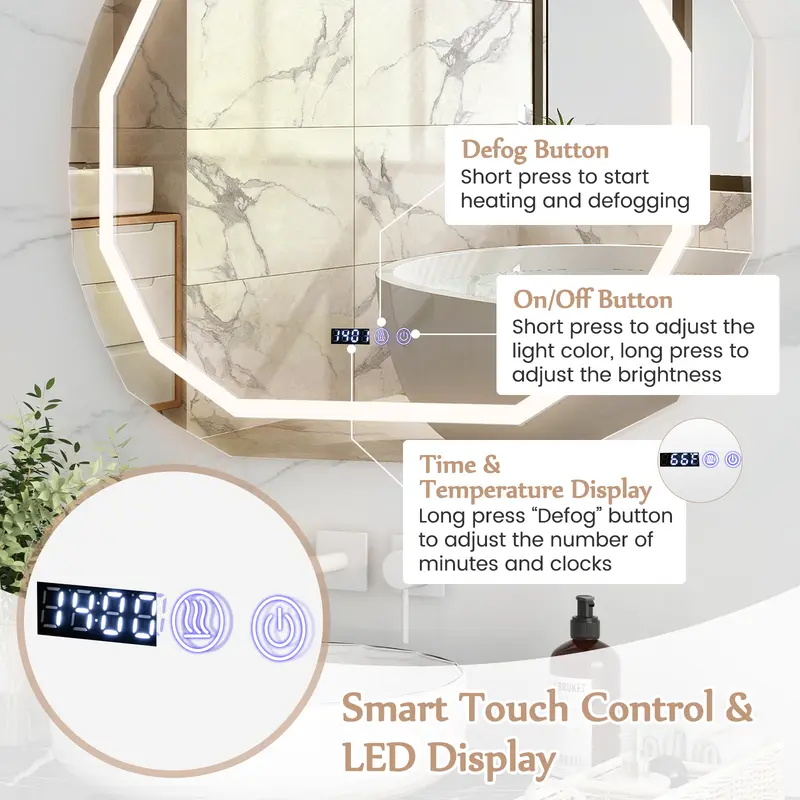 COSTWAY Anti-Fog Mirror LED Bathroom Mirror with 3 Color LED Light 6