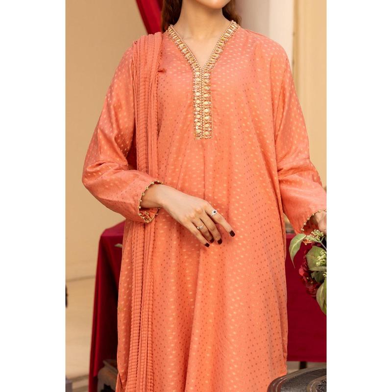 Jacquard shirt with hand embroidery and embellishments comes with viscose trousers and crushed chiffon dupatta 0