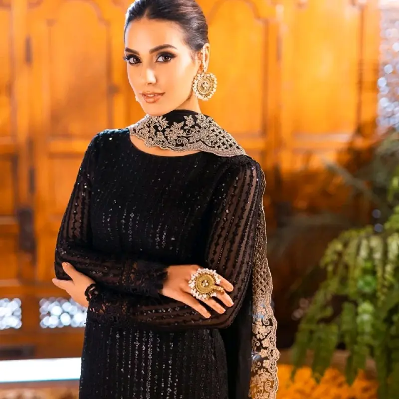 Elegant Black Womens Shirt Dress with Heavy Embroidery and Pure Chiffon Duppata and Trouser Comfort Fabric Traditional Clothing Original Womenswear 2