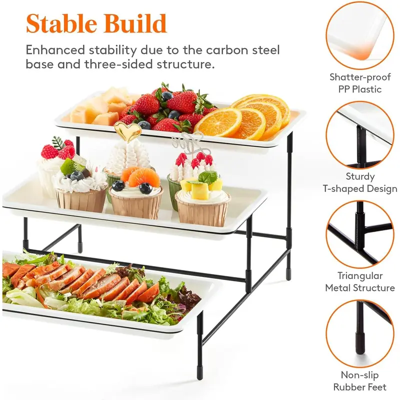 Lifewit 3 Tiered Plastic Serving Tray for Party Supplies, Platters for Serving Food, Reusable Trays with Mental Display Stand for Veggie, Fruit, Cookies, Dessert 5