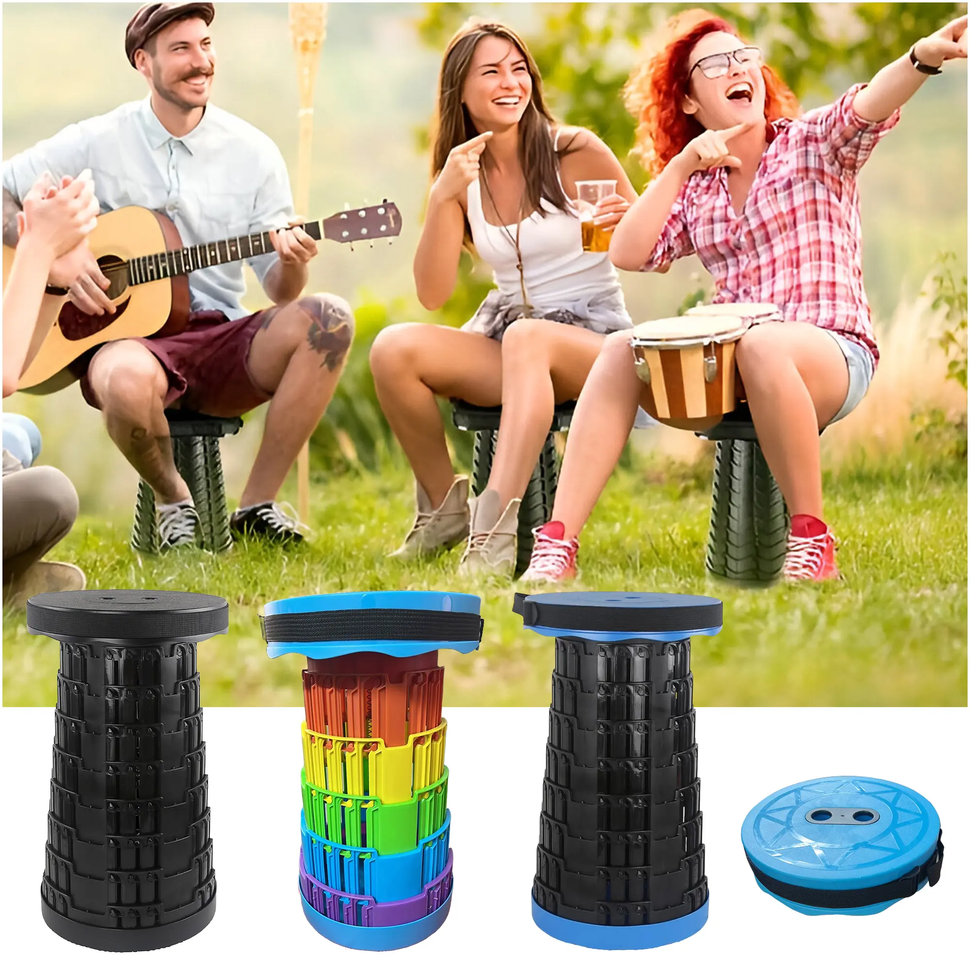 Portable Folding Stool, Lightweight Retractable Design with Adjustable Height,  400 lbs Capacity Heavy Duty Collapsible Stool for Camping, Fishing, Hiking & Outdoor Adventures