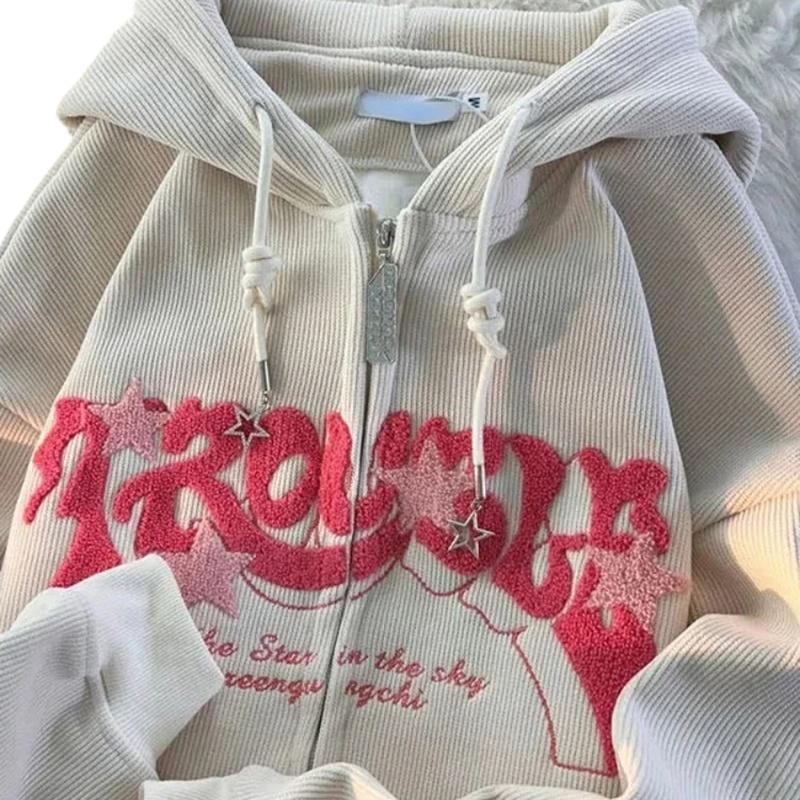 Product Introduction of Y2k Zip Up Hoodie Women Retro Embroidered Letter Loose Long Sleeve Tops 2025 Casual Hooded Sweatshirts Harajuku Jackets coat 7