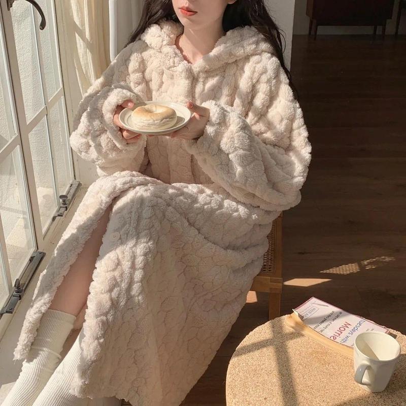 Pocket Robe for Women Sleepwear Winter Nightdress Night Wears Warm Fleece Pajama One Piece Nightgown Hooded Sleeping Homewear 1