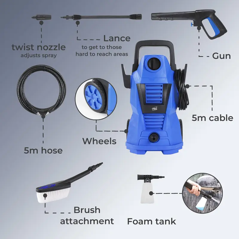 Neo Electric High Pressure Washer with Adjustable Nozzle and Washer Brush 2