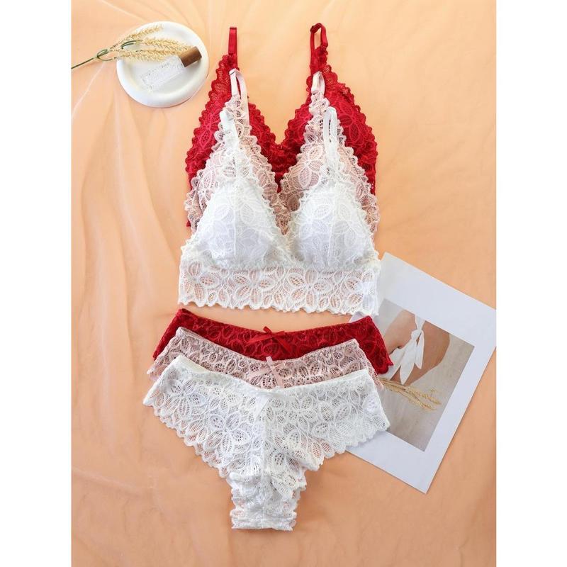 Women's Simple Contrast Lace Wireless Bra & Bow Panty Set, Lady Adjustable Spaghetti Strap Bralette & Knicker, Comfort Summer Clothes, Lingerie & Underwear Set, Underwear for Women, Co Ords for Women Womenswear Comfortable 3