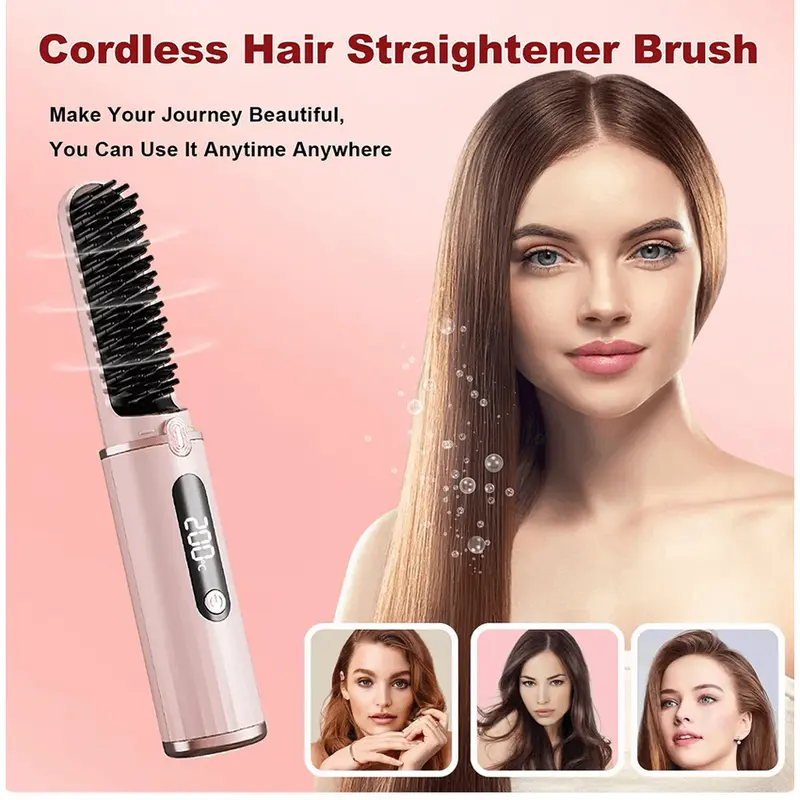 Portable Wireless Recharging Hair - Straightening Comb - Straightener Brush Hot Comb Cordless Lightweight Adjustable 5