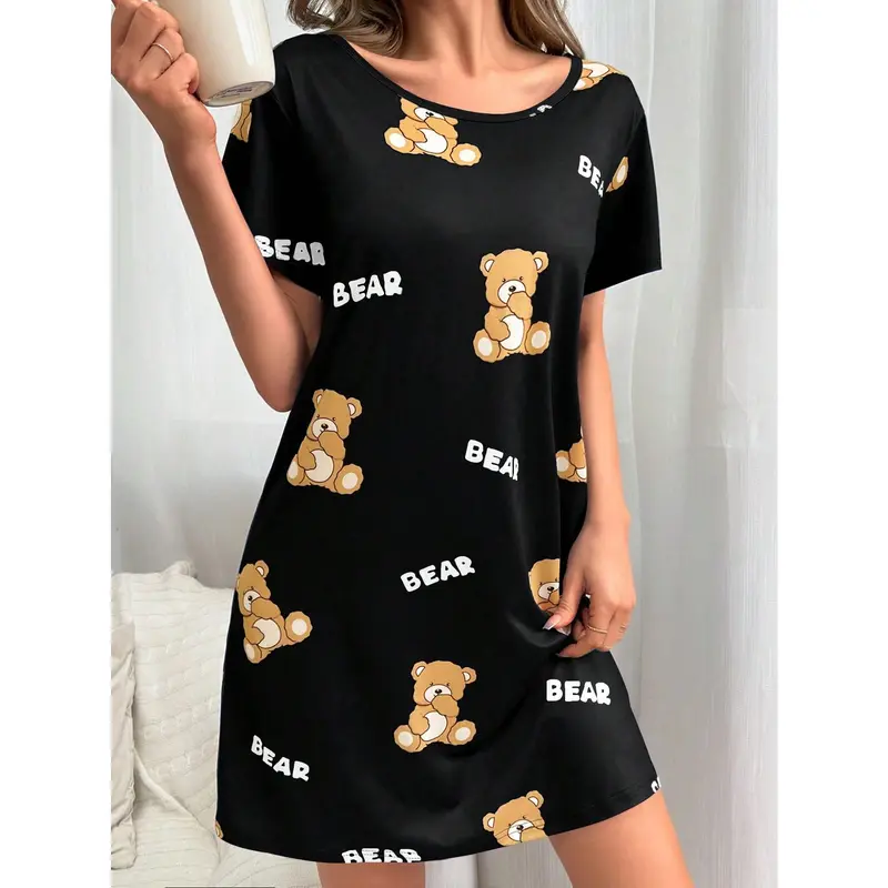 Women's Fashionable Cute Bear & Letter Printed T-Shirt Sleep Dress Pajama Dress Fabric Fit Loungewear Shortsleeve Nightwear Womenswear Day Homewear Pjs Black 0