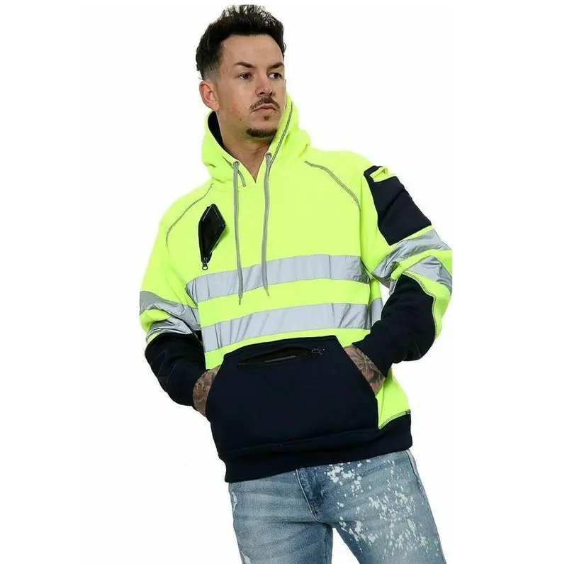 HUBIBUBI Hi Viz Vis High Visibility Hoodie 3 Zips 5 Pocket Work Pullover Sweat Shirt TOP machine washable regular 1