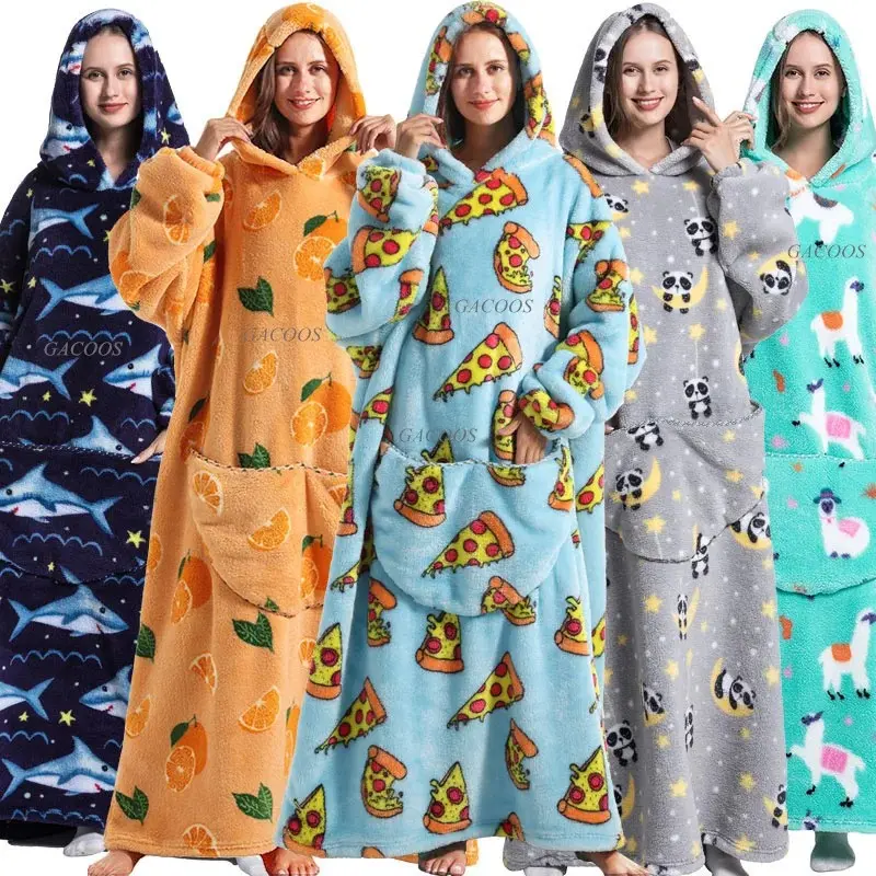 2025 Luxury Winter Oversized Hoodies Sweatshirt Cute Cartoon Penguin Super Long Hooded Blanket Flannel Giant Lazy TV Blanket Pajamas Loungewear Nightwear Homewear Pajama Set