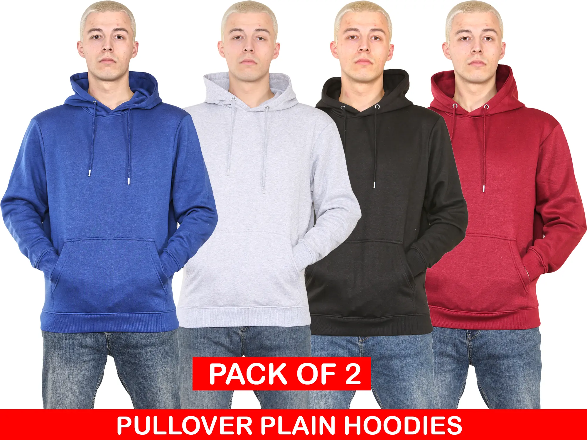2 Pack Mens Plain Pullover Hoodie Long Sleeved Hooded Sweatshirt S-4XL