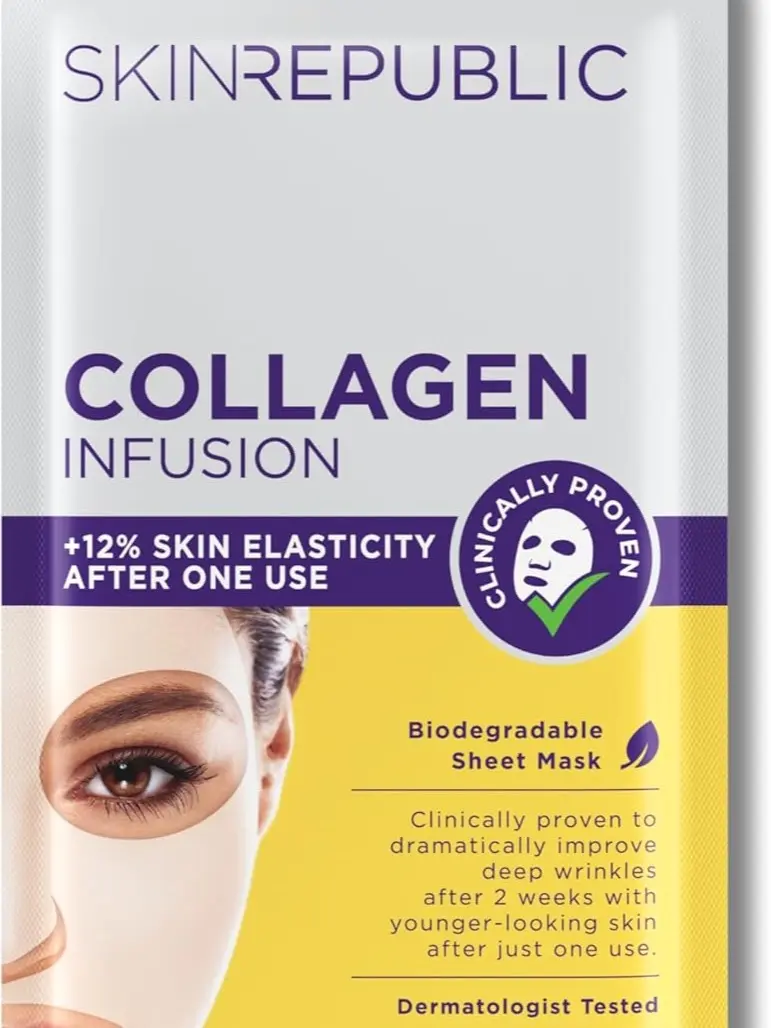 Skin Republic Collagen & Vitamin E Infusion Sheet Mask | Helps with Fine Lines & Wrinkles | For Younger-looking Skin Skincare Moisturize Radiant Rejuvenating Comfort