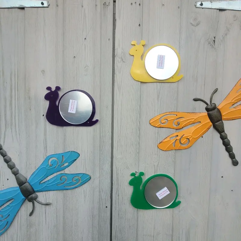 set of 5, acrylic snail mirrors, dragonfly ornaments NOT included. sensory garden 6