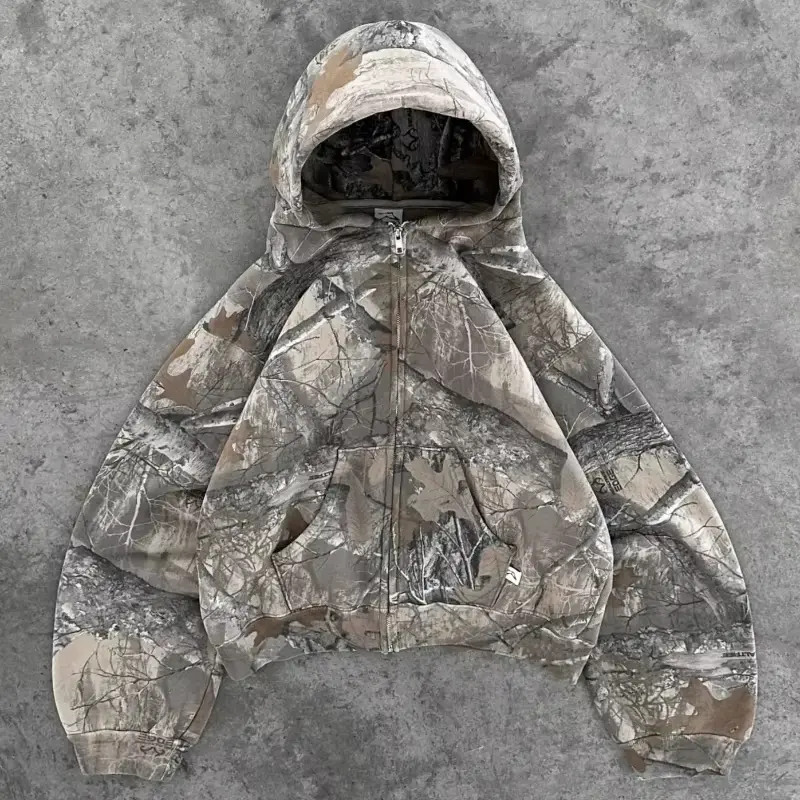 Y2K Retro zip up Hoodie Men Camouflage Pattern zipper Sweatshirt High Street Hip Hop Streetwear  Unisex Camo Hoodie