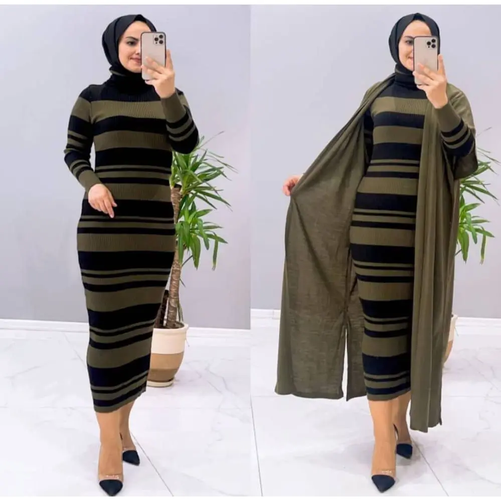 Strips Women’s Knitted Turtleneck Dress and Knitted Cardigan Set Womenswear