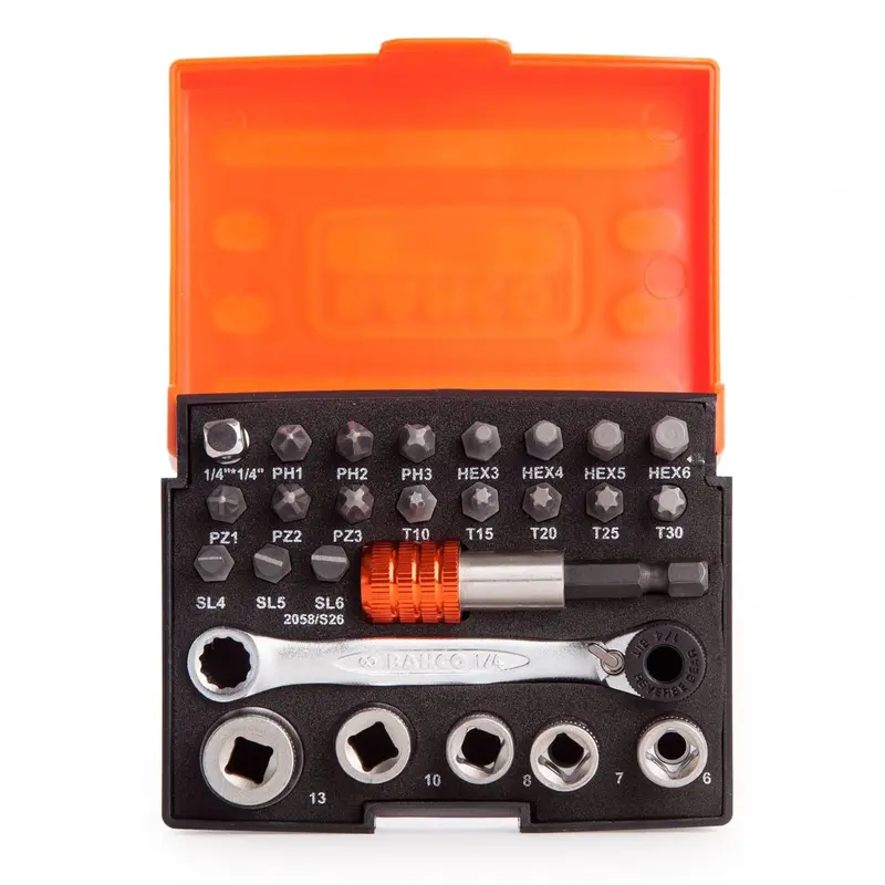 Bahco 2058/S26 1/4" Drive Ratchet Socket &amp; Screwdriver Bit Set 26 Piece 0
