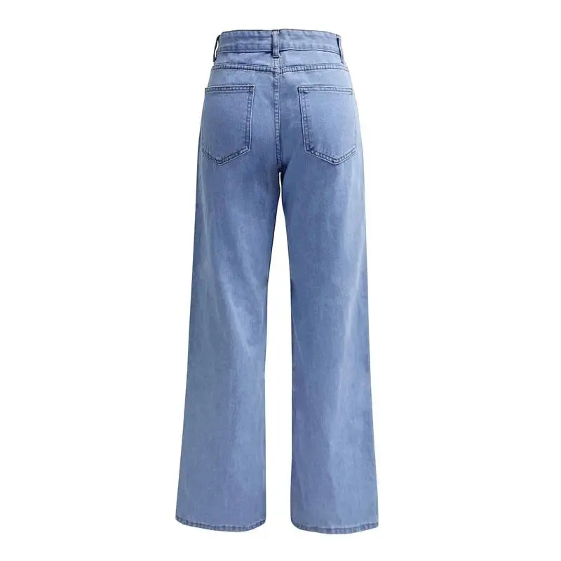 Women Jeans Straight Pants Denim Washing High Waist Loose Fit Pockets Basics Ankle Length Pants Solid Color Slight Strech 5