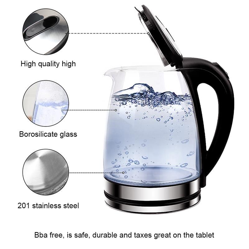 Electric Kettle 2L Fast Boil Quiet Glass Kettle 360 Blue LED Boil-Dry Protection 4