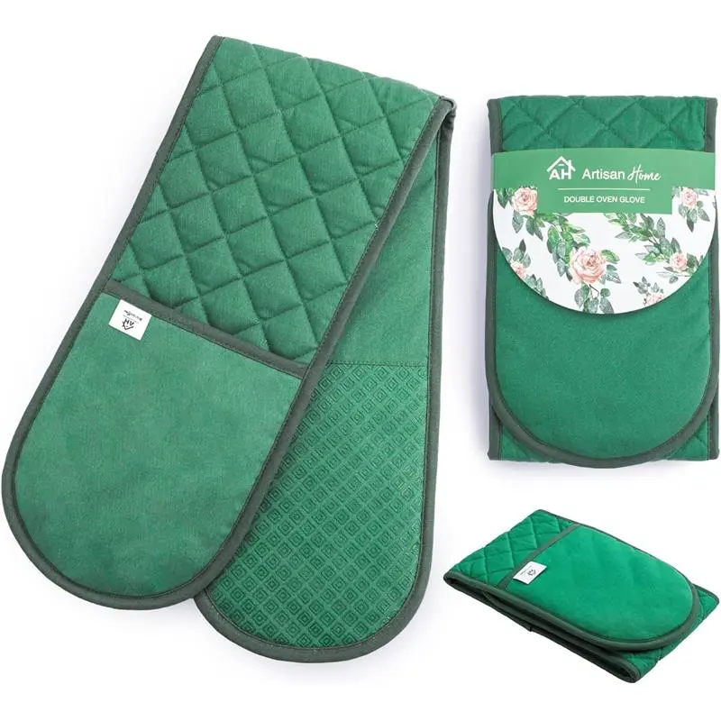 Green Double Oven Gloves | Maximum Heat Resistant Protection | Double Oven Mitt With Silicone Non-slip Design | Machine Washable Thick Oven Glove Home & Kitchen Accessories. Bakeware Cover 0