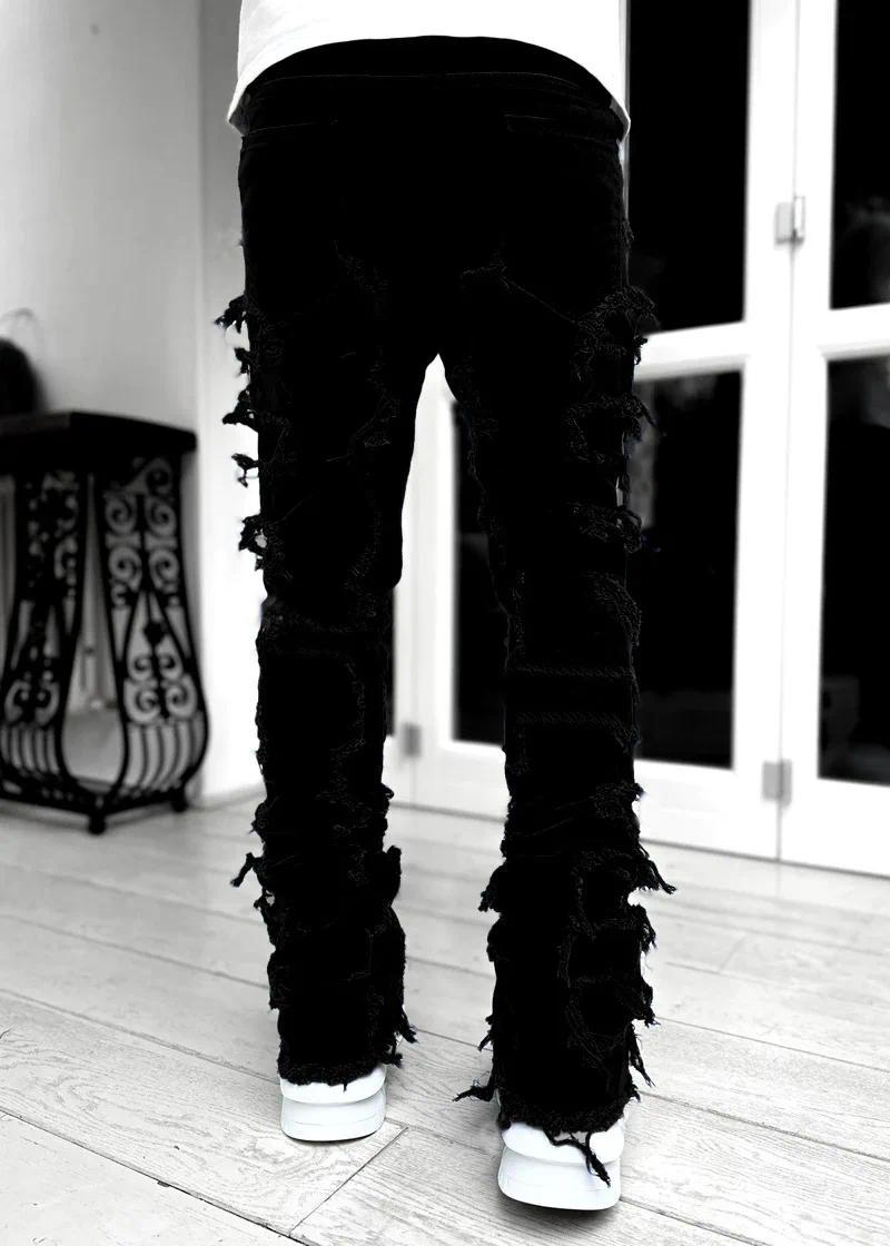 Product Introduction of 5 Colors Fringe Raw Edge Skinny Jeans Men Elastic Patch Stacked Denim Pants Fashion Punk Streetwear Personality Male Trousers Menswear Asian Beige Pocket Plain 19