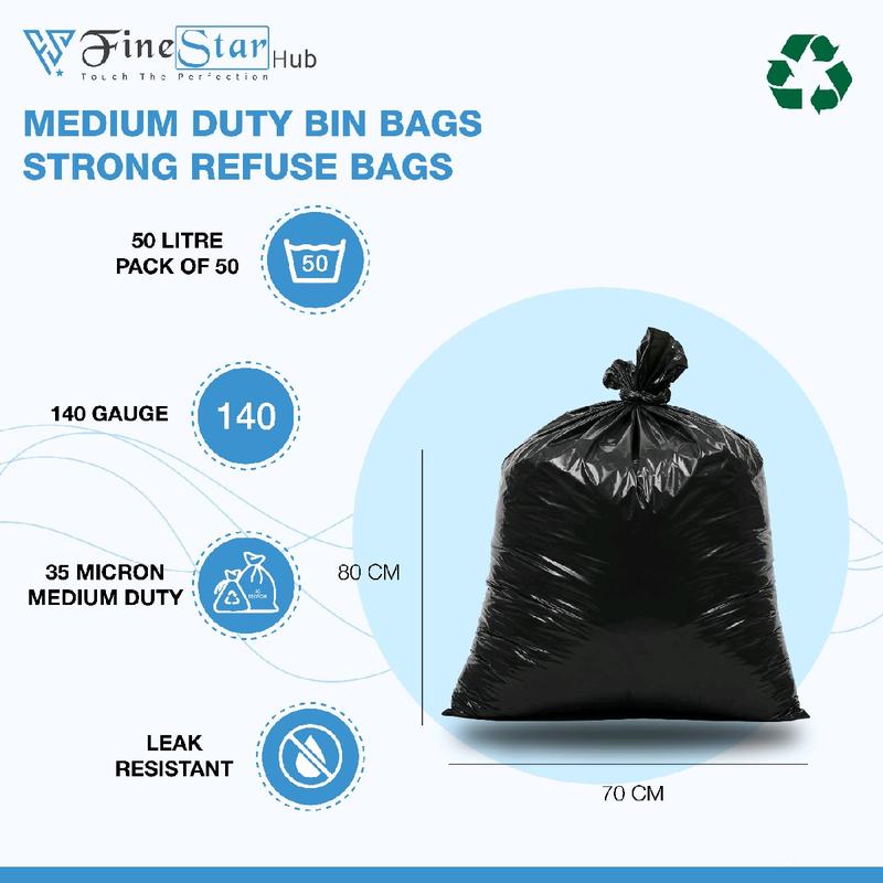 FineStar Hub Heavy-Duty Bin Bags - 82 x 86 cm, 50-60 Litres, Black - Pack of 50 Household Kitchen normal thick 1