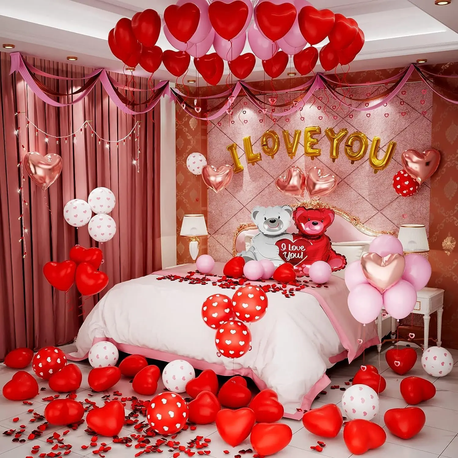 Valentines Day Balloons Kit with Heart Balloon Bear Balloon Pink Balloons I Love You Balloons 1000pcs Rose Petals for Decorations small  balloons