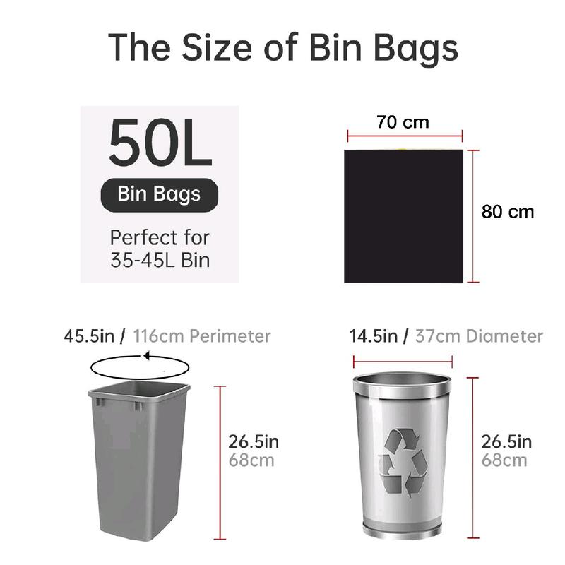 FineStar Hub Heavy-Duty Bin Bags - 82 x 86 cm, 50-60 Litres, Black - Pack of 50 Household Kitchen normal thick 4