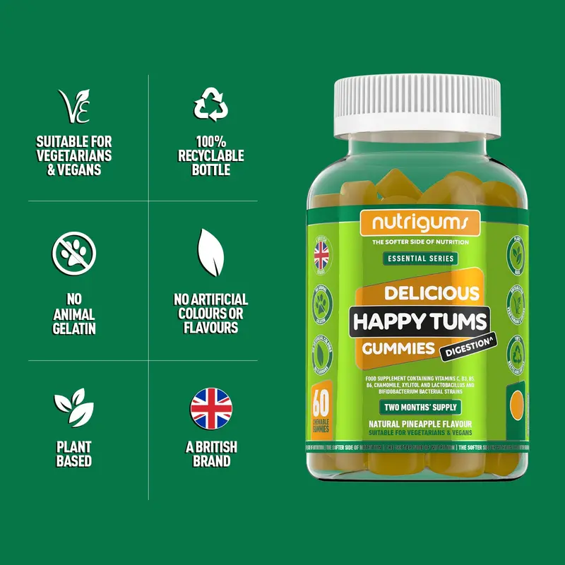 **MULTIBUY SAVING** Happy Tums Digestive Complex Gummy | Pineapple Flavour | 60 Vegan Gummies | Vitamins C, B3, B5, B6 and Chamomile 1000mg | Gut & Digestive Health by NUTRIGUMS Dietary Supplement 3