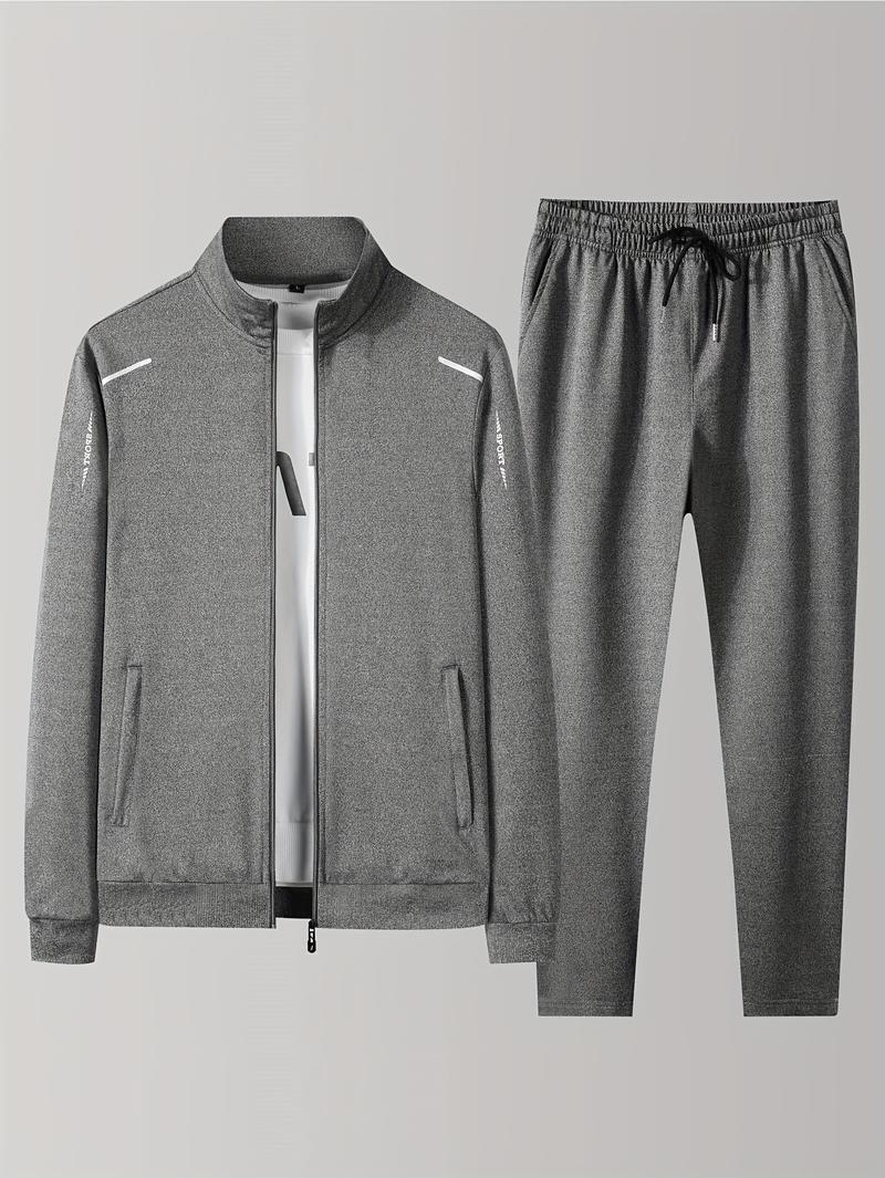 Product Introduction of Stylish Sports Outfit| Men's Athletic & Casual Tracksuit Set - Zip-Up Stand Collar Jacket with Pockets & Elastic Waist Joggers, Polyester Blend, Black - Perfect for Spring/Fall 0