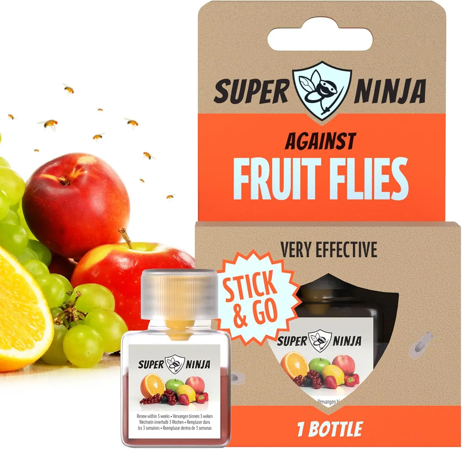 Super Ninja Fruit Fly Trap - Highly Effective Indoor Traps - Environmentally Responsible Fruit Fly Killer - User Friendly - Up to 3 Weeks per Bottle
