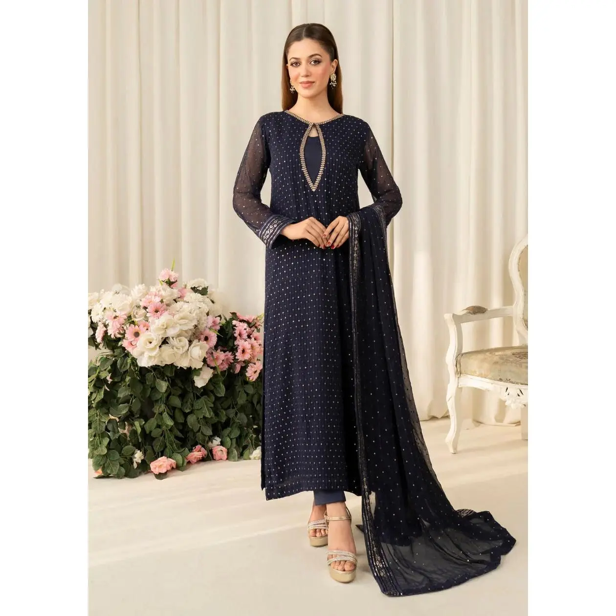 Noor Luxury Chiffon Pret embroidered 3 piece traditional long short suit - Blue